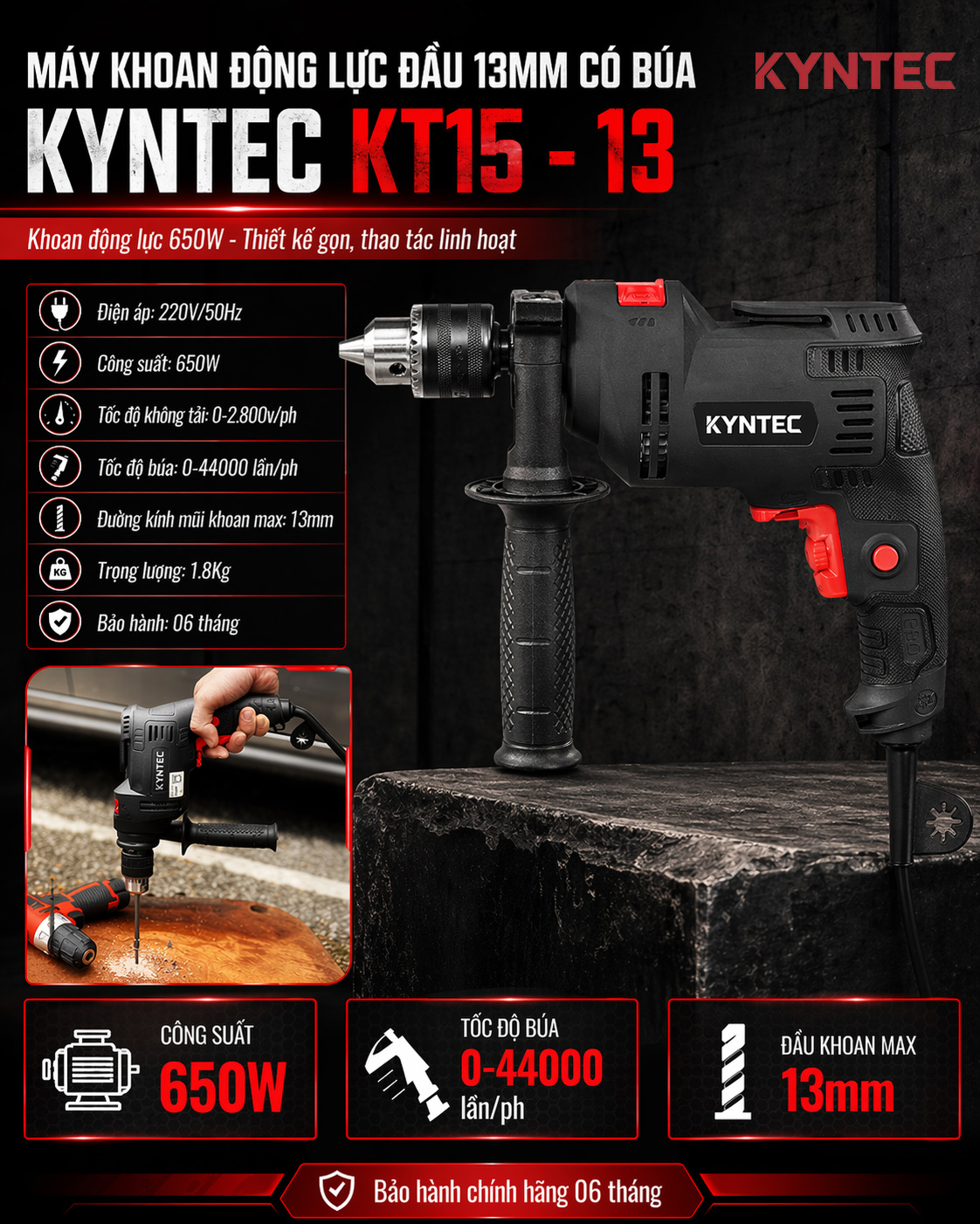 Thông số kỹ thuật Máy Khoan Động Lực Đầu 13mm Kyntec KT15