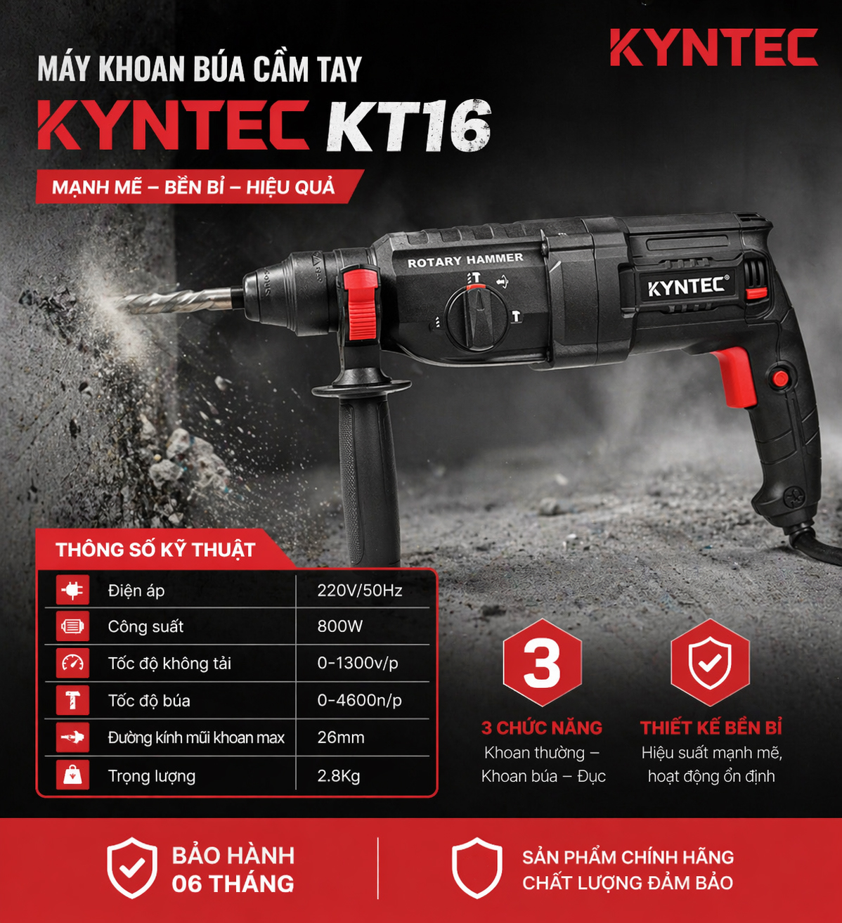 Máy Khoan Búa 3 Chức Năng 2-26 Kyntec KT16 thông số kỹ thuật