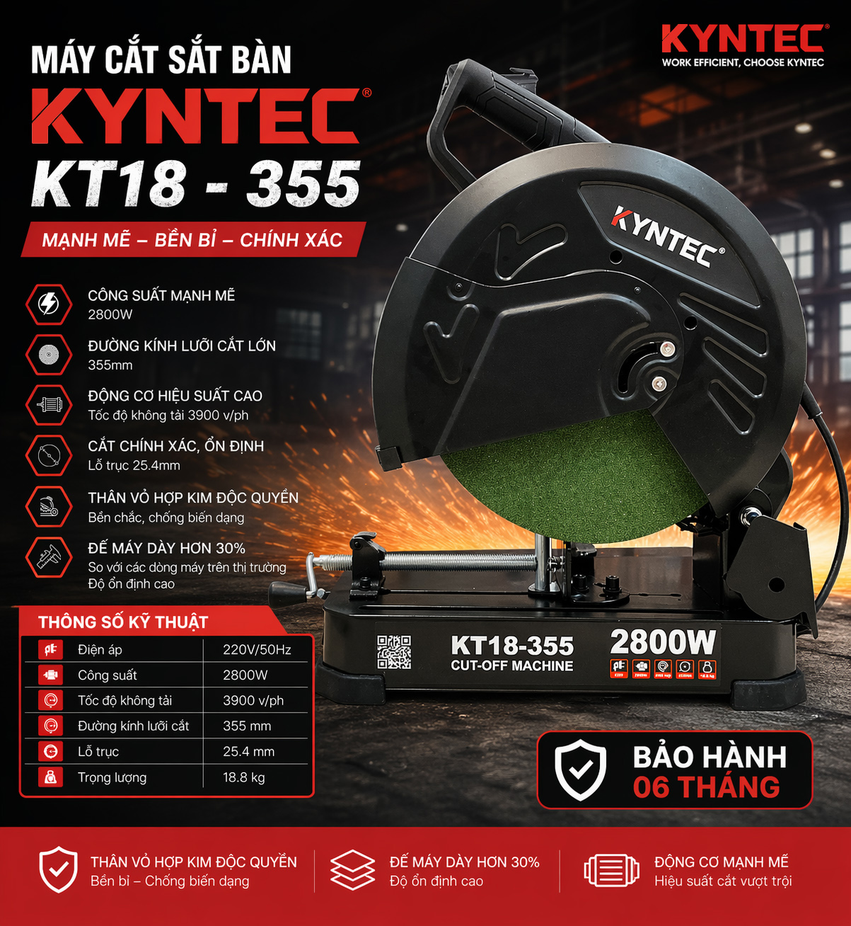 Thông số máy cắt sắt inox bàn 355mm Kyntec KT18