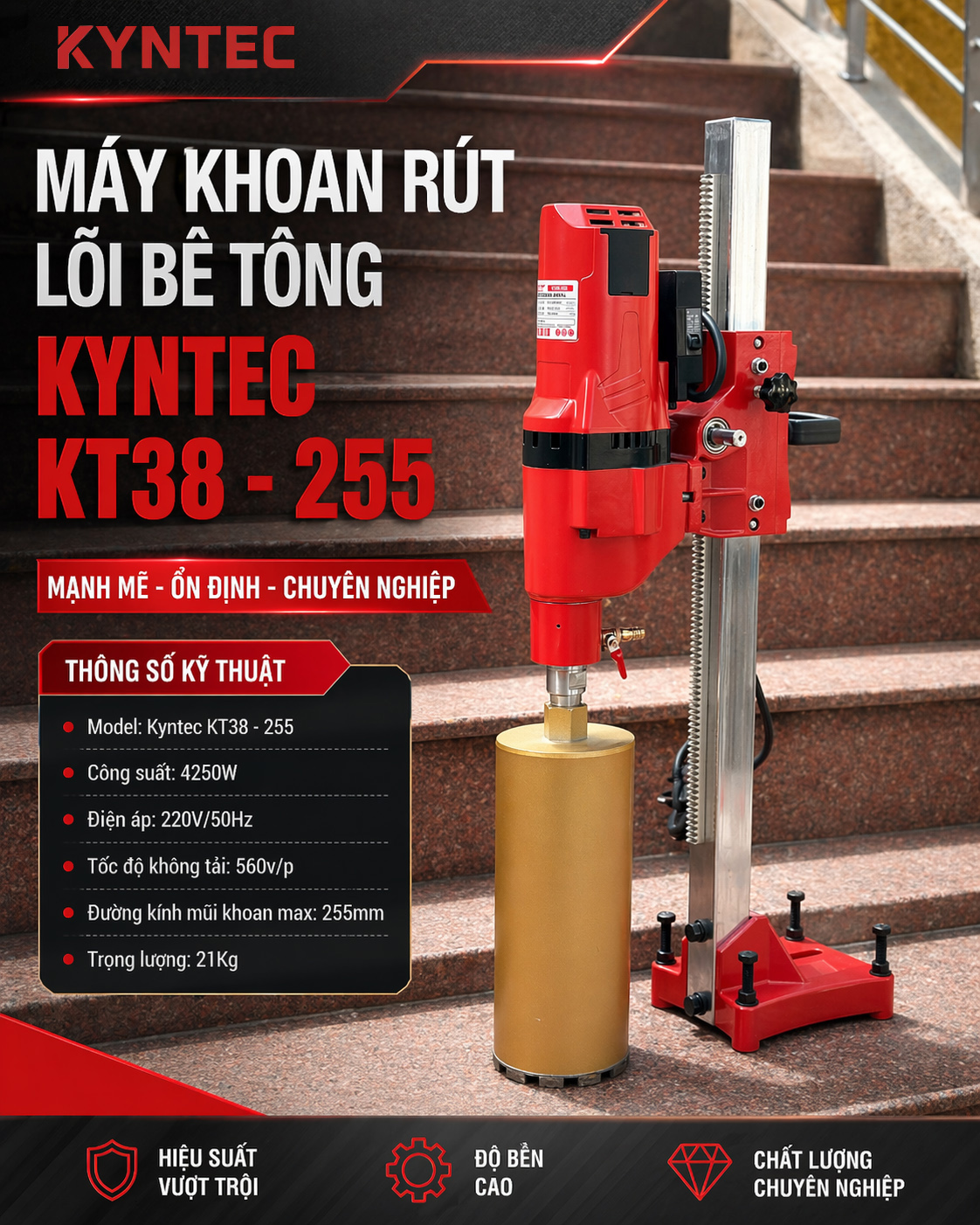 Thông số kỹ thuật trên Máy khoan rút lõi 255 mm Kyntec KT38