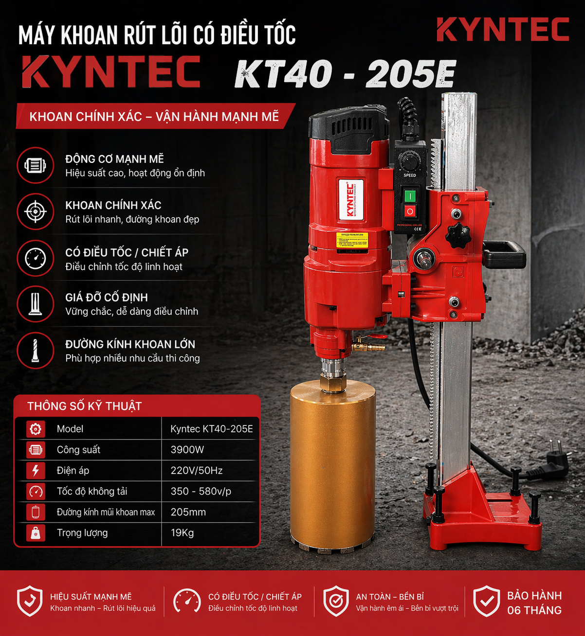 Thông số kỹ thuật trên Máy Khoan Rút Lõi Có Điều Tốc 205mm Kyntec KT40