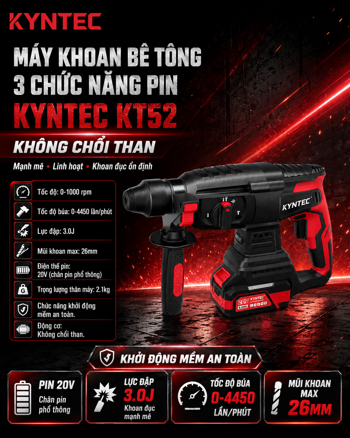 Thông số Máy Khoan Bê Tông 3 Chức Năng Pin Kyntec KT52 - 26