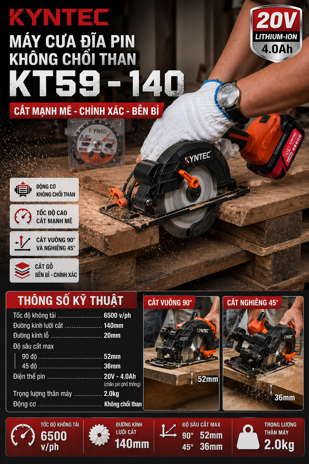 thông số Thân Máy Cưa Đĩa Pin Không Chổi Than Kyntec KT59