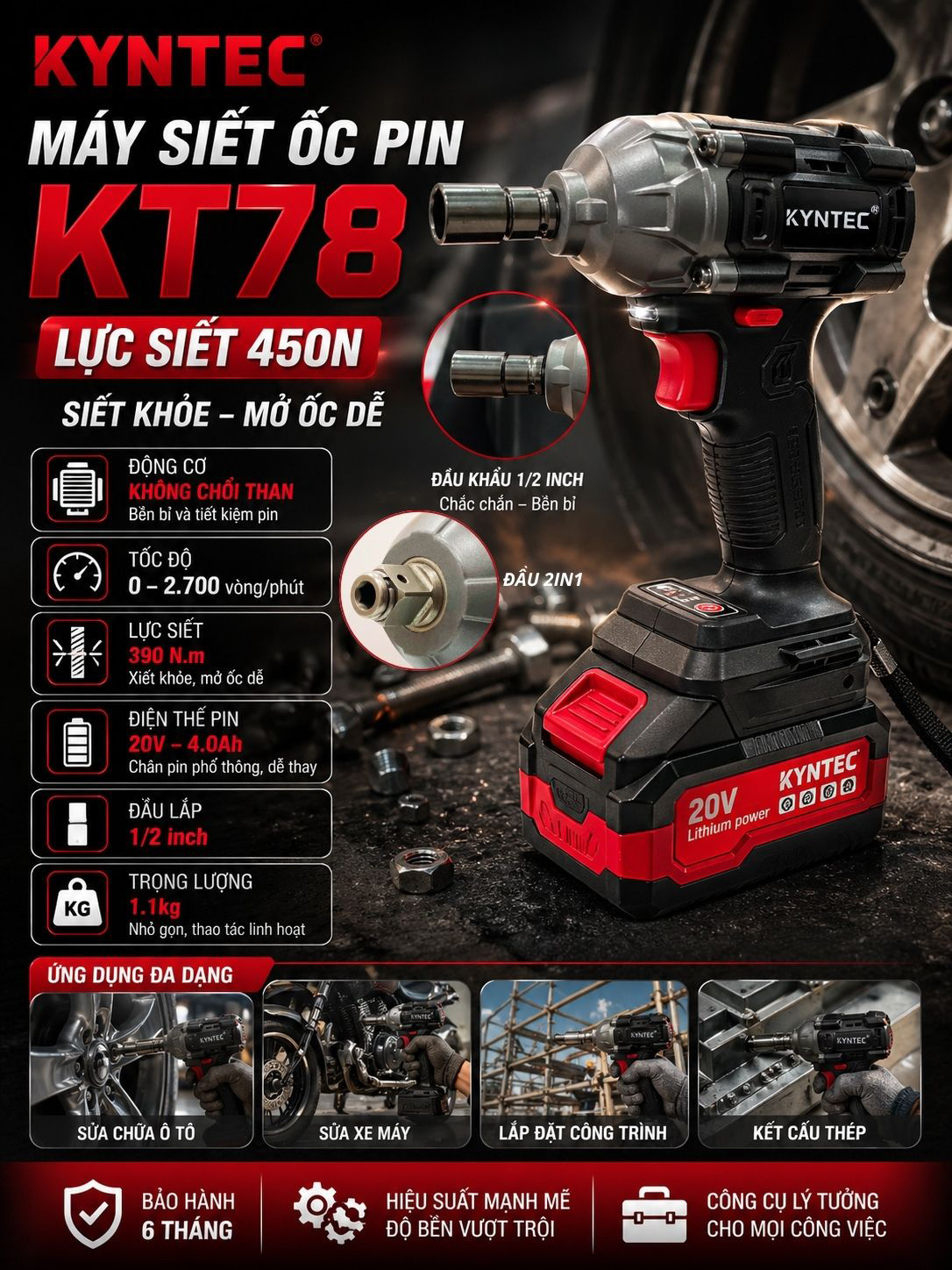 thông số chi tiết Kyntec KT78 siết ốc 450N không chổi than