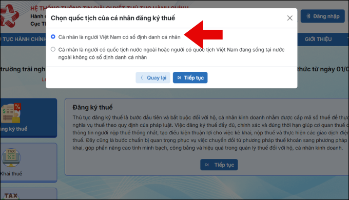 Chọn quốc tịch người đăng ký thuế