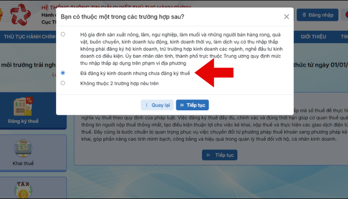 Chọn trường hợp đăng ký thuế