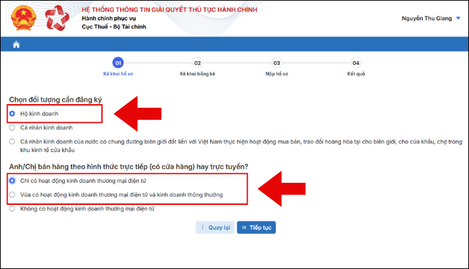 Chọn đối tượng đăng ký và hình thức bán hàng