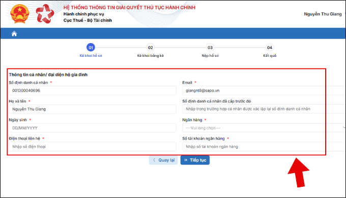 Điền thông tin cá nhân đại diện hộ kinh doanh