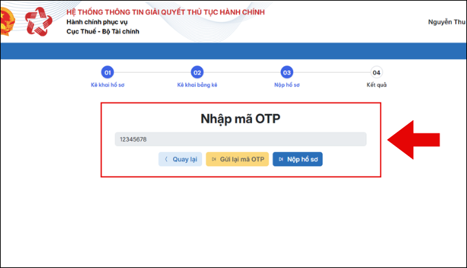 Nhập mã OTP để nộp tờ khai