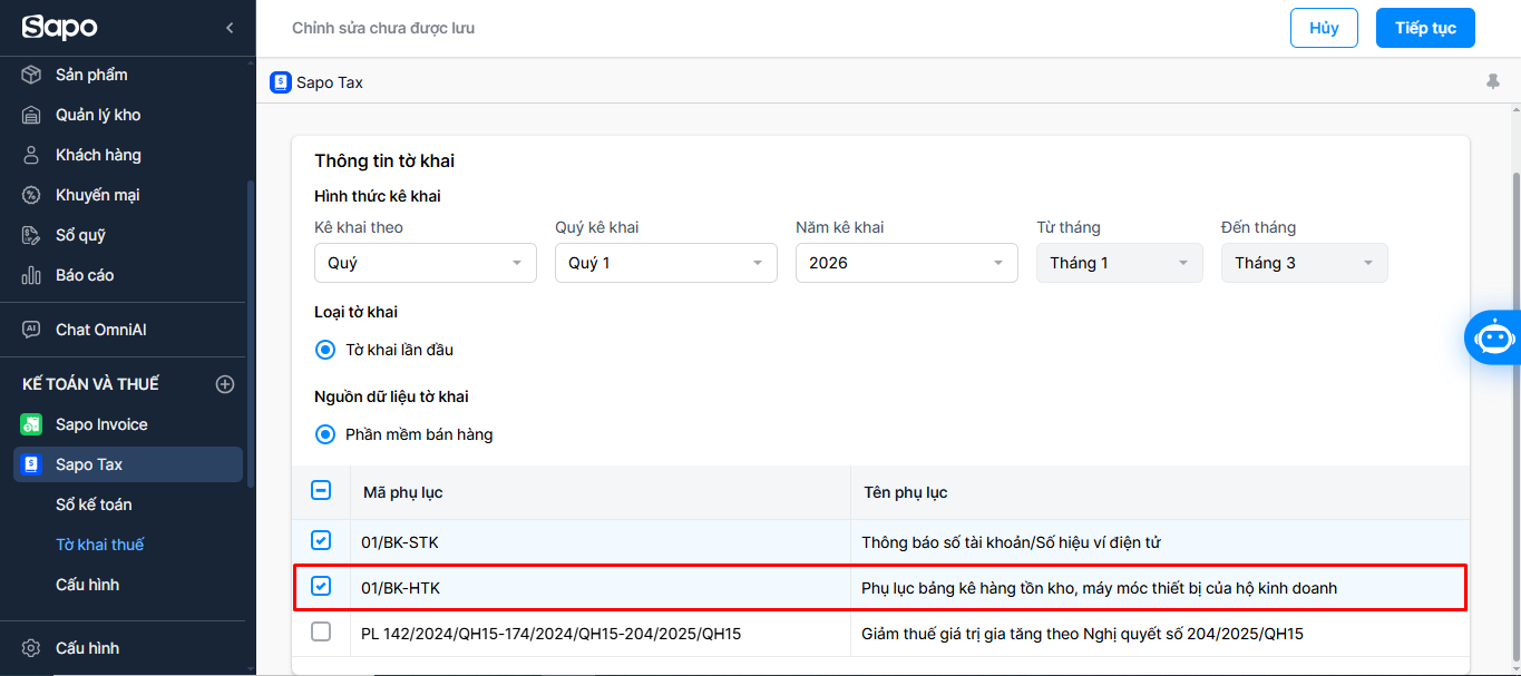 Lập tờ khai 01/CNKD trên Sapo