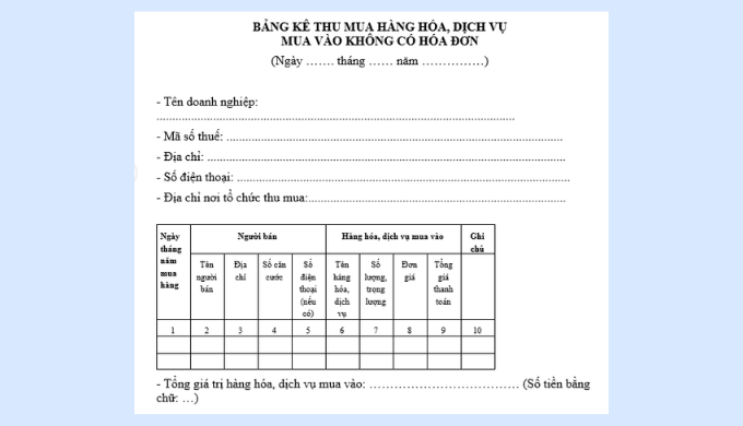 bảng kê thu mua hàng hóa dịch vụ mua vào không có hóa đơn - Mẫu 02/TNDN