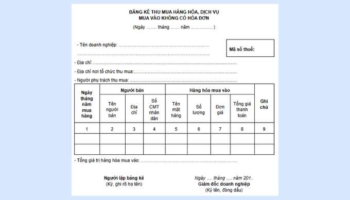 Bảng kê thu mua hàng hóa, dịch vụ mua vào không có hóa đơn