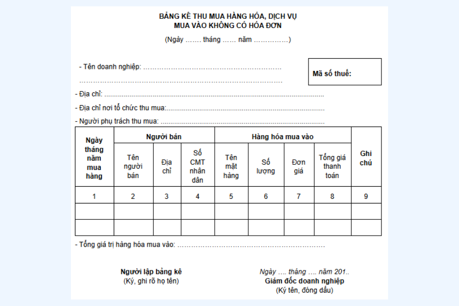 Mẫu bảng kê 01/TNDN - Bảng kê thu mua hàng hóa, dịch vụ mua vào không có hóa đơn