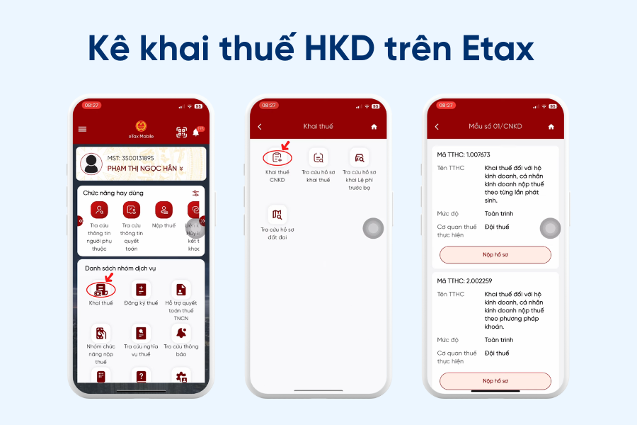 Hướng dẫn kê khai tờ khai thuế 01/CNKD trên ứng dụng Etax Mobile