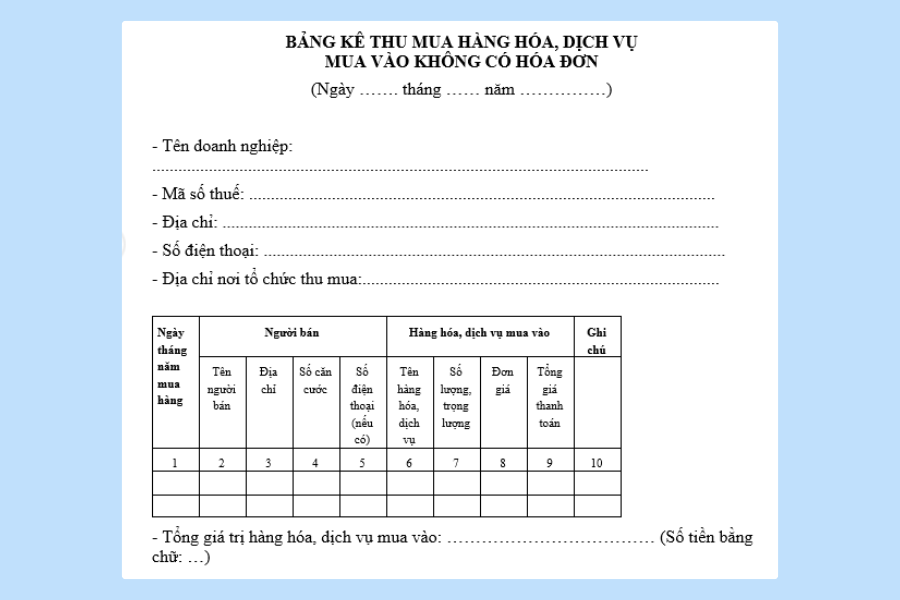 Mẫu bảng kê 02/TNDN - Bảng kê thu mua hàng hóa, dịch vụ mua vào không có hóa đơn