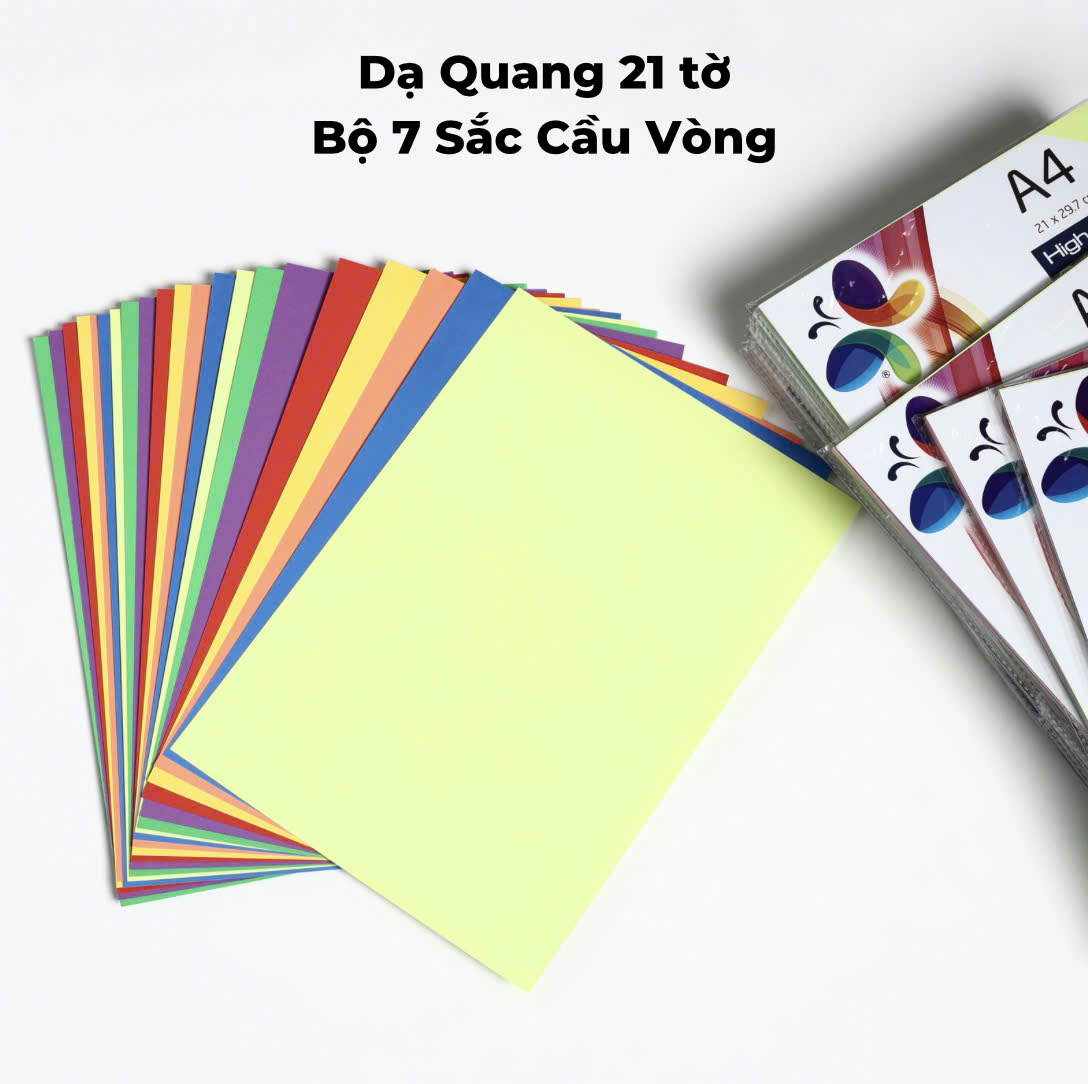 Bìa Dạ Quang A4 Xấp 21 Tờ Đủ Màu – 7 Màu, Mỗi Màu 3 Tờ