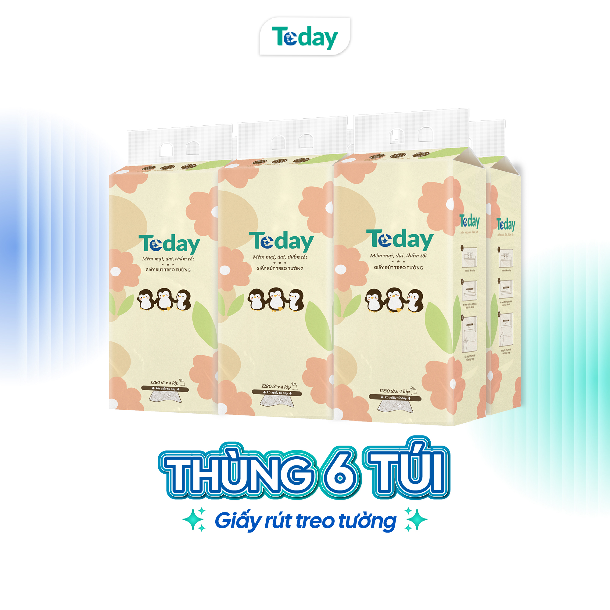 [Túi 1280 Tờ] Khăn Giấy Rút Treo Tường TODAY 4 Lớp