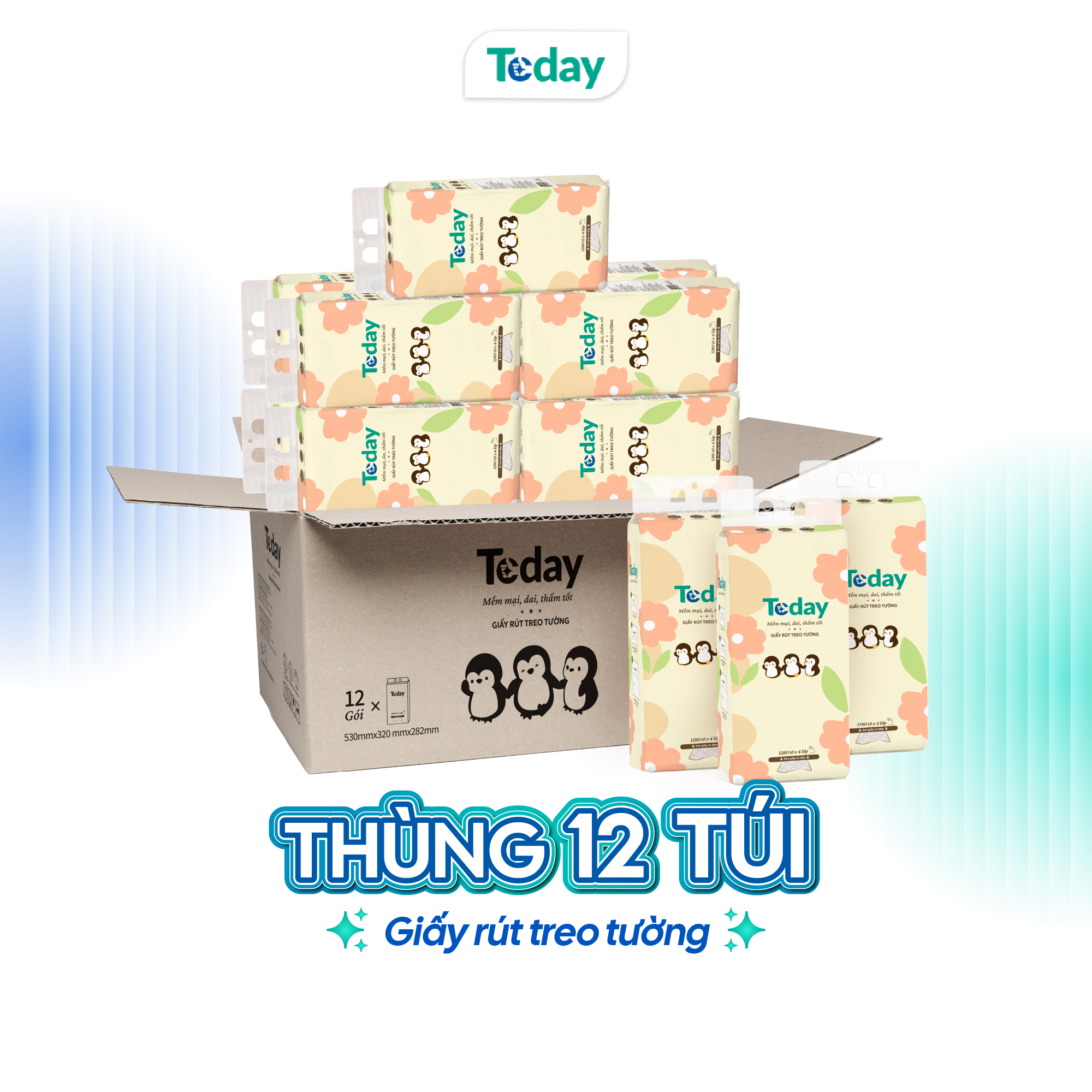 [Túi 1280 Tờ] Khăn Giấy Rút Treo Tường TODAY 4 Lớp