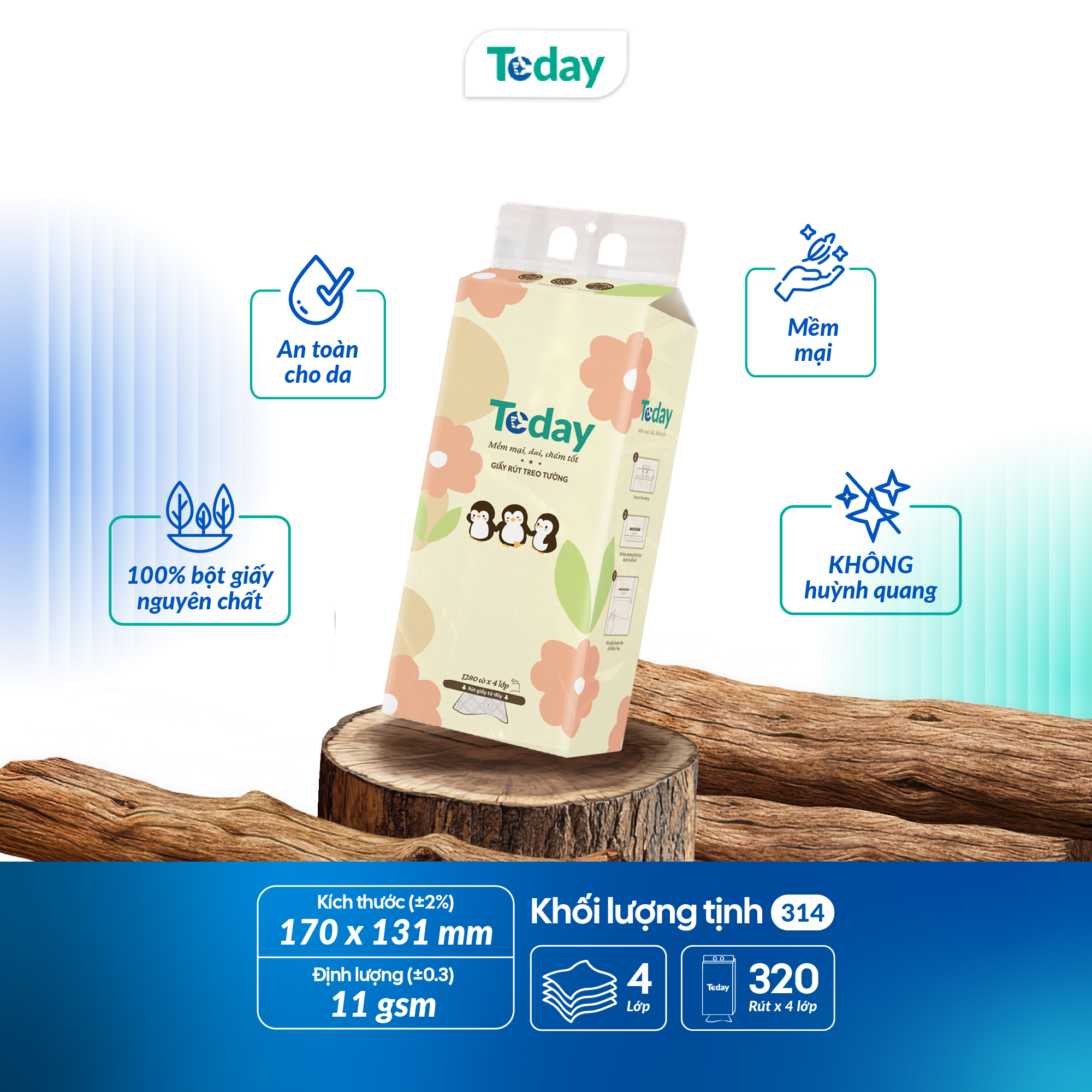 [Túi 1280 Tờ] Khăn Giấy Rút Treo Tường TODAY 4 Lớp