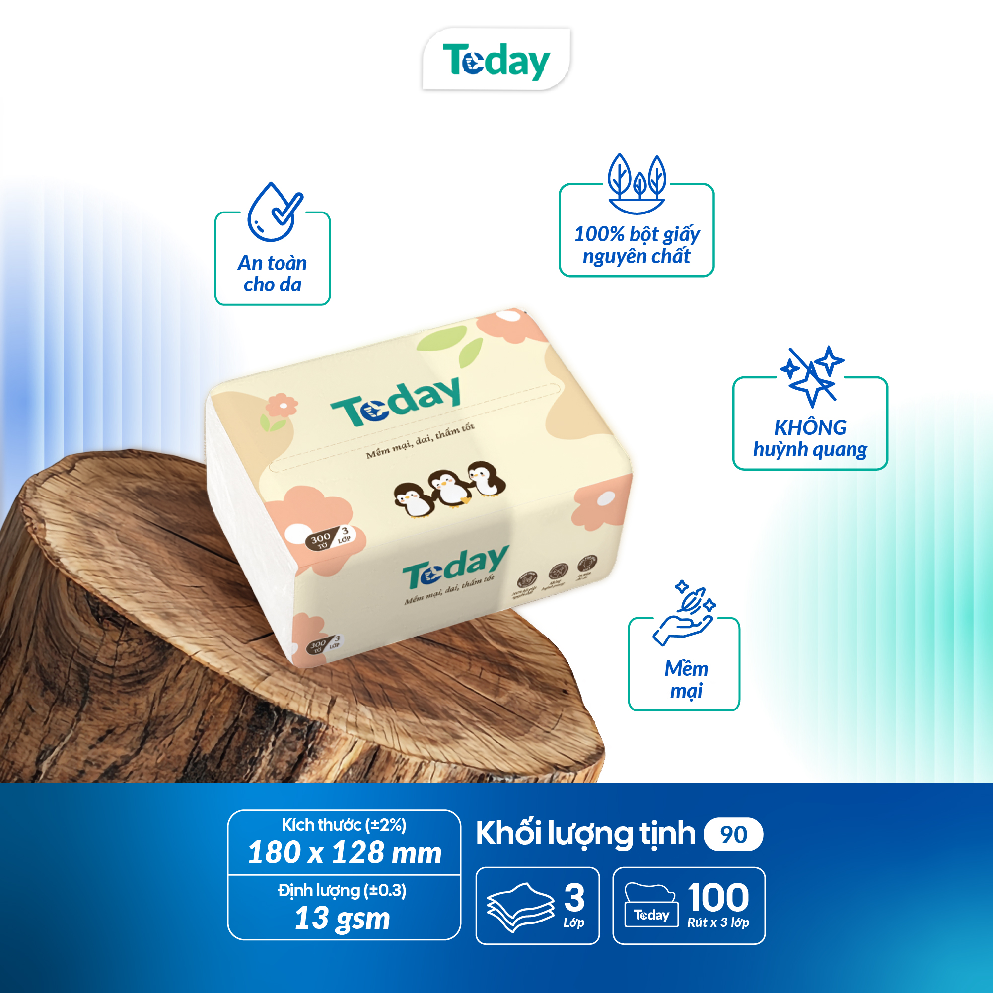 [Gói 100 Tờ] Khăn Giấy Ăn Lụa Rút TODAY 3 Lớp