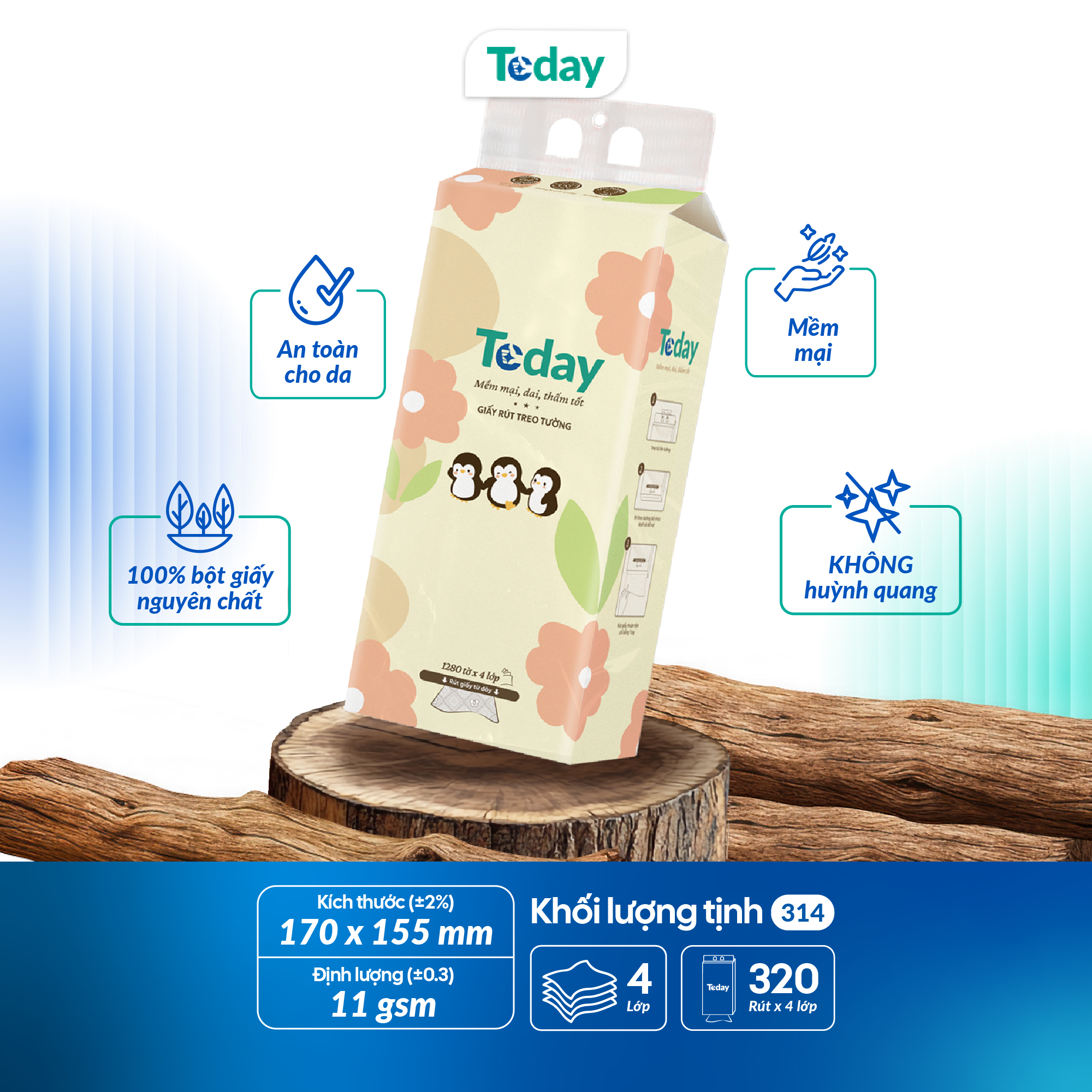 [Túi 1280 Tờ] Khăn Giấy Rút Treo Tường TODAY 4 Lớp - Size Lớn