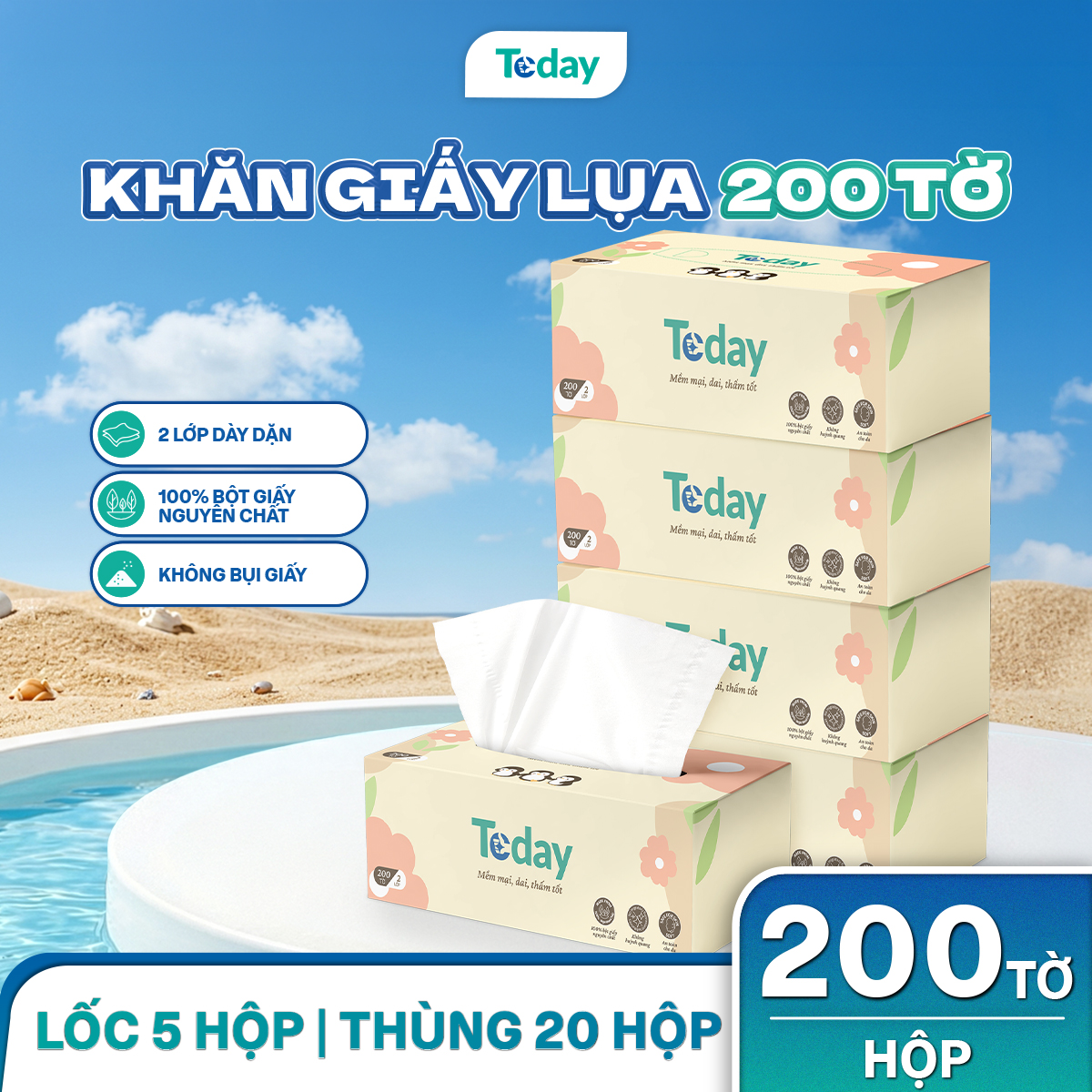 [Hộp 200 Tờ] Khăn Giấy Lụa TODAY 2 Lớp