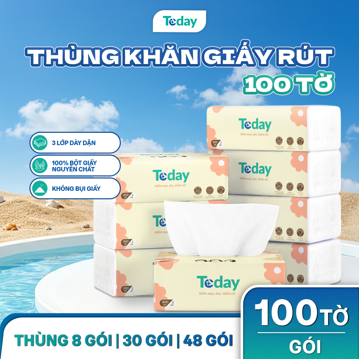 [Gói 100 Tờ] Khăn Giấy Ăn Lụa Rút TODAY 3 Lớp