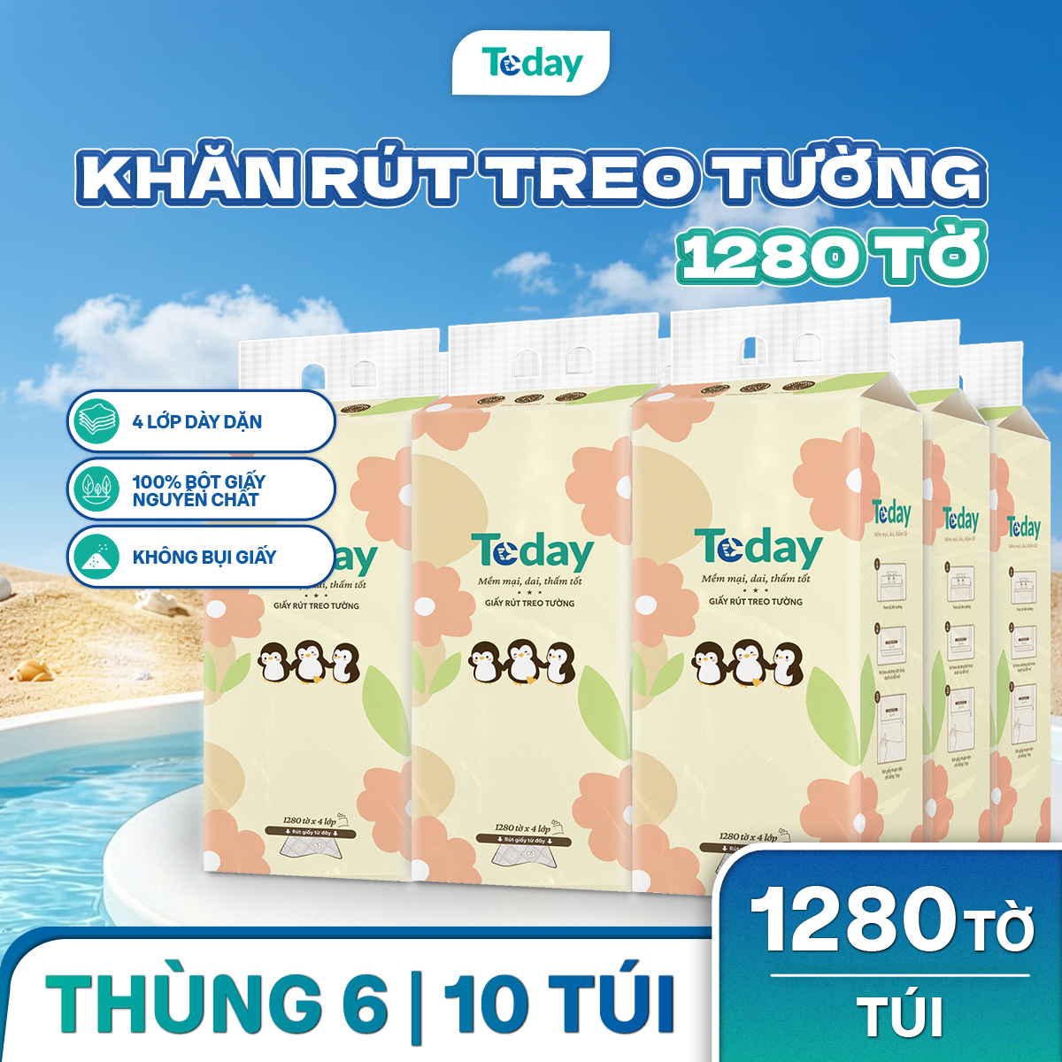 [Túi 1280 Tờ] Khăn Giấy Rút Treo Tường TODAY 4 Lớp - Size Lớn
