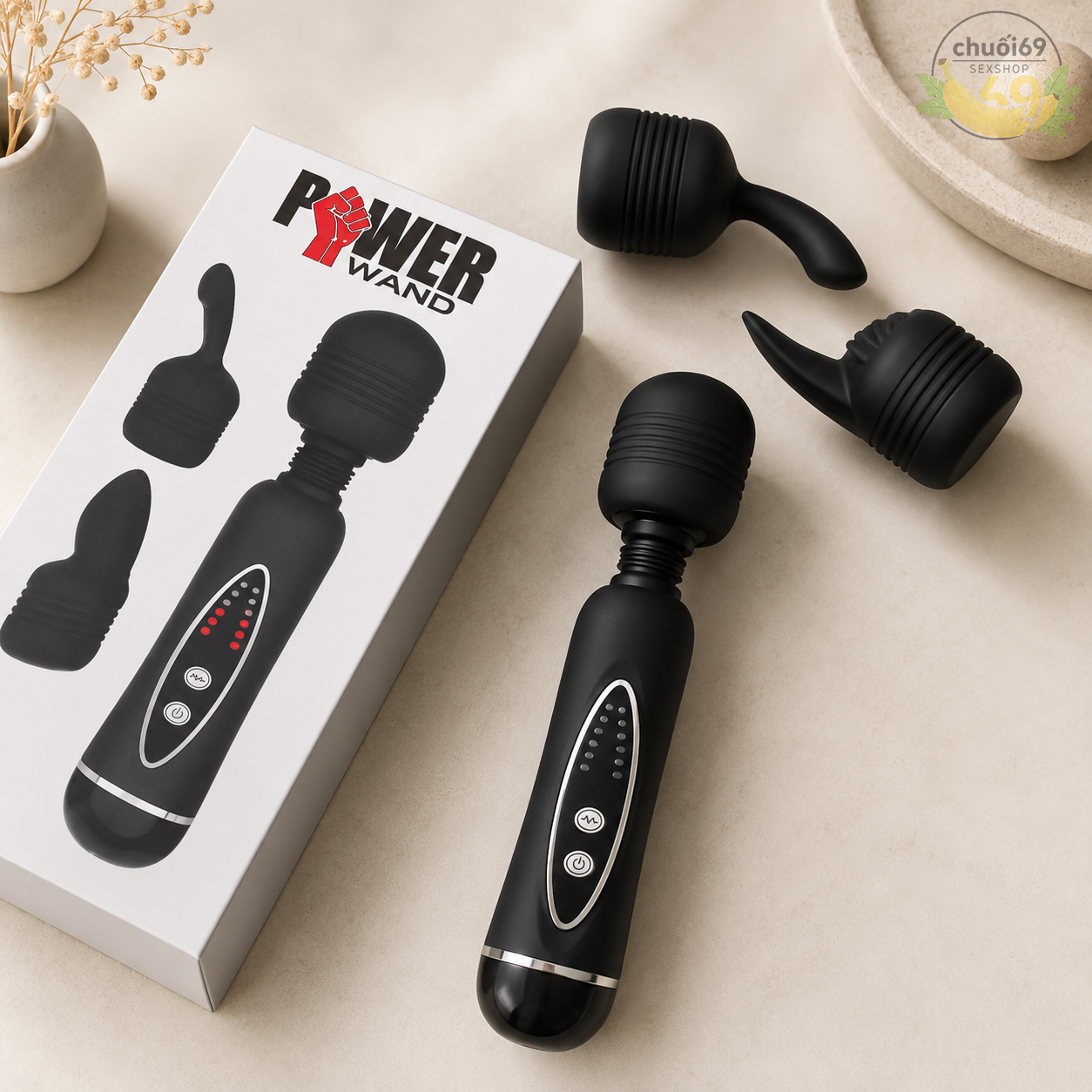 Chày Rung Massage Power Wand Kèm 2 Đầu Phụ Dùng Pin AA
