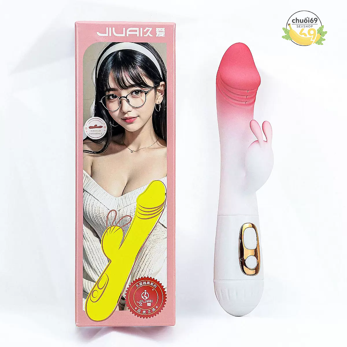 Dương vật giả đa năng có nhánh tai thỏ JIUAI trắng hồng pin sạc