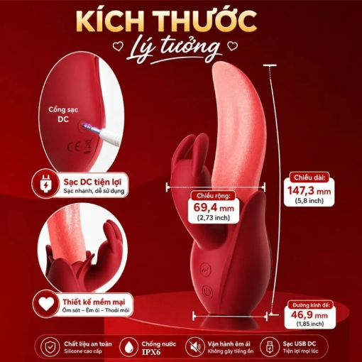 Lưỡi Liếm Âm Đạo Có Nhánh Phụ Tai Thỏ (Silicone Y Tế Siêu Mềm & Chống Nước IPX6)