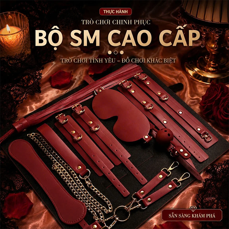 Bộ Bạo Dâm BDSM 8 Món Kèm Túi Da Luxury Màu Đen & Đỏ (Chất Liệu Da PU Cao Cấp, Phụ Kiện Kim Loại Chống Gỉ)