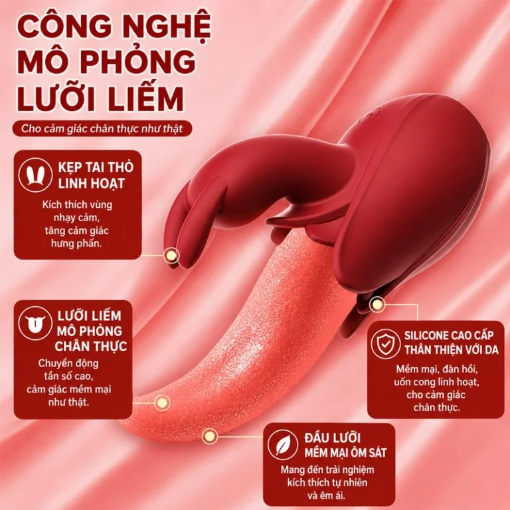 Lưỡi Liếm Âm Đạo Có Nhánh Phụ Tai Thỏ (Silicone Y Tế Siêu Mềm & Chống Nước IPX6)