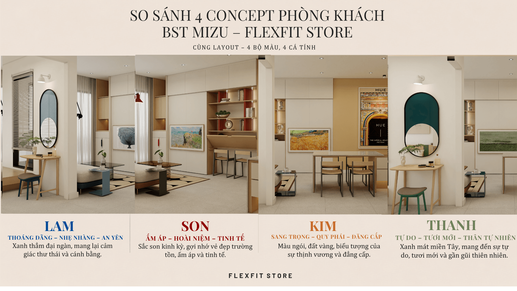 LAM · SON · KIM · THANH – 4 Bảng Màu Nội Thất Từ Thiên Nhiên Việt: Chọn Màu Nào Hợp Bạn?