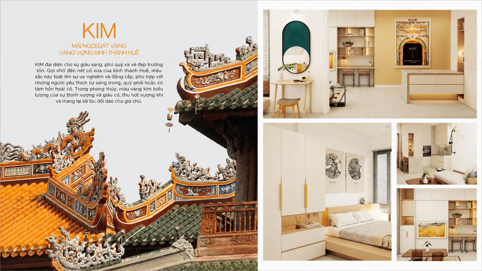 Bộ màu KIM trong nội thất BST MIZU: phòng ngủ và phòng khách với điểm nhấn vàng kim ấm áp lấy cảm hứng từ mái ngói kinh thành Huế, kết hợp gỗ sáng và tông trắng kem sang trọng