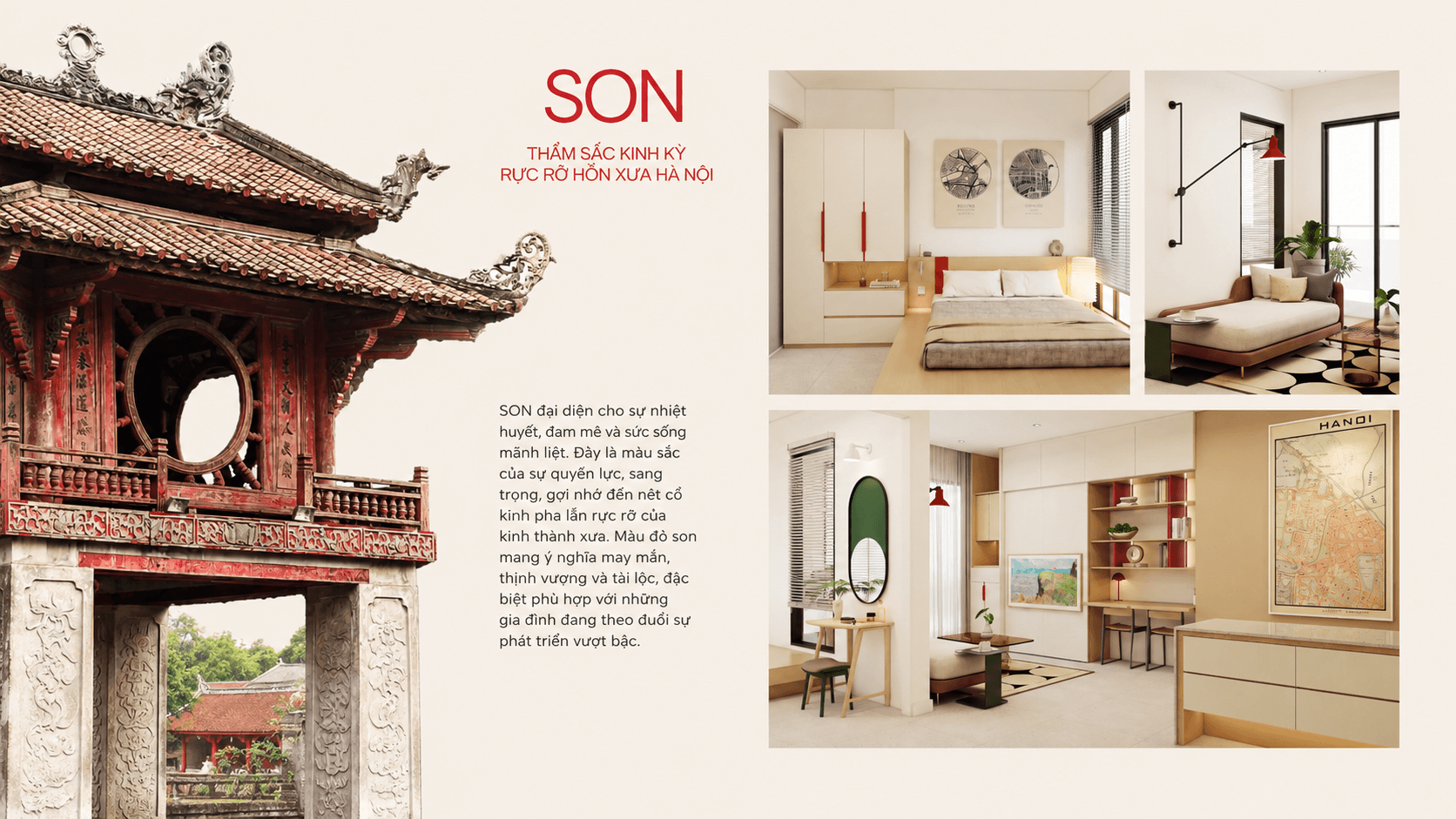 Bộ màu SON trong nội thất BST MIZU: phòng ngủ và phòng khách với điểm nhấn đỏ son trầm ấm lấy cảm hứng từ kiến trúc cổ kính Hà Nội, tone chủ đạo trắng kem và gỗ sáng
