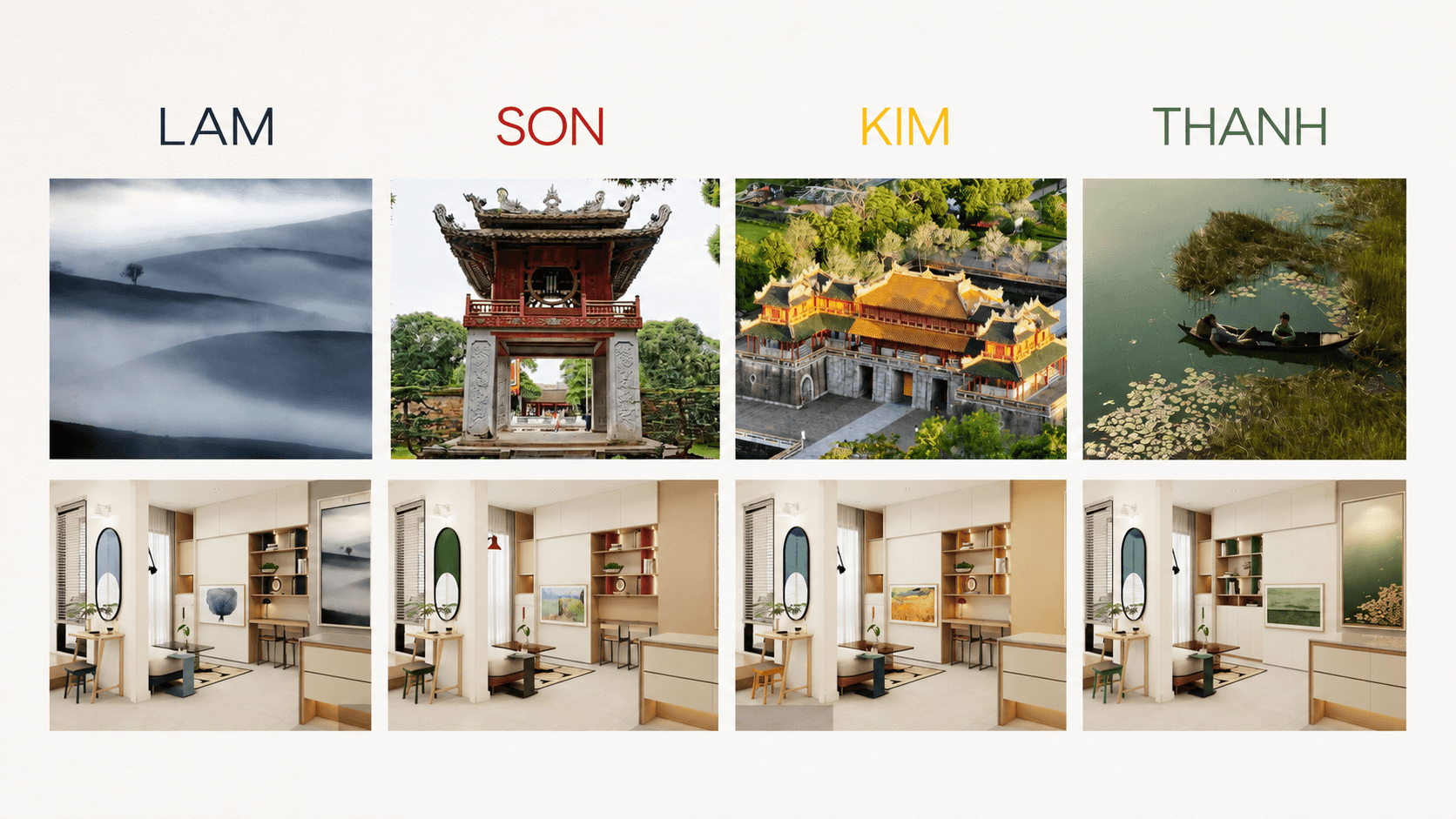 Bốn bộ màu sắc BST MIZU: LAM xanh sương Mộc Châu, SƠN đỏ kinh thành Hà Nội, KIM vàng mái ngói Huế, THANH xanh đại ngàn miền Tây