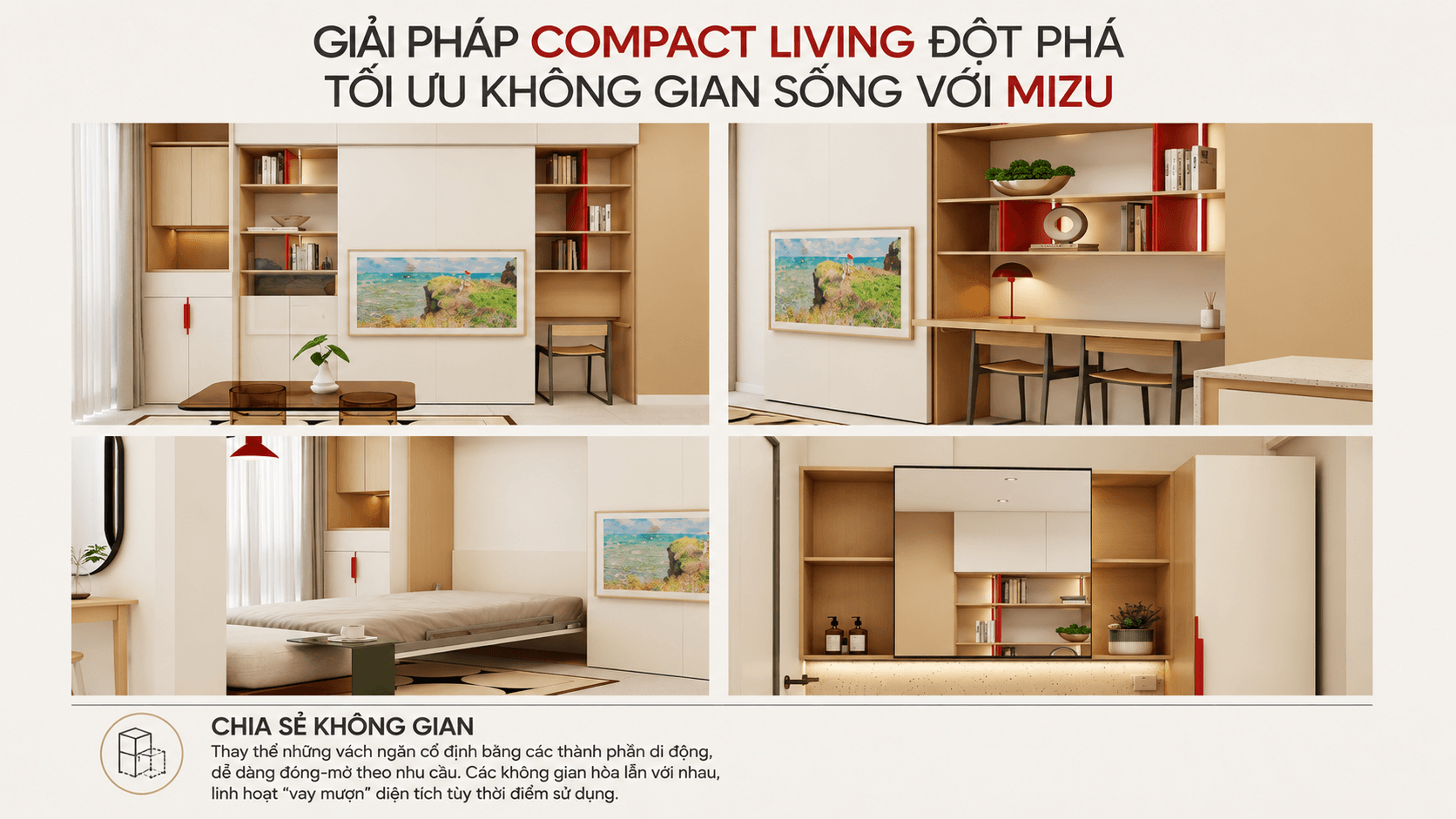 Giải pháp Compact Living BST MIZU: không gian phòng khách mở tích hợp góc làm việc với hệ module tủ trượt thông minh, tone trắng gỗ nhạt tạo cảm giác rộng rãi