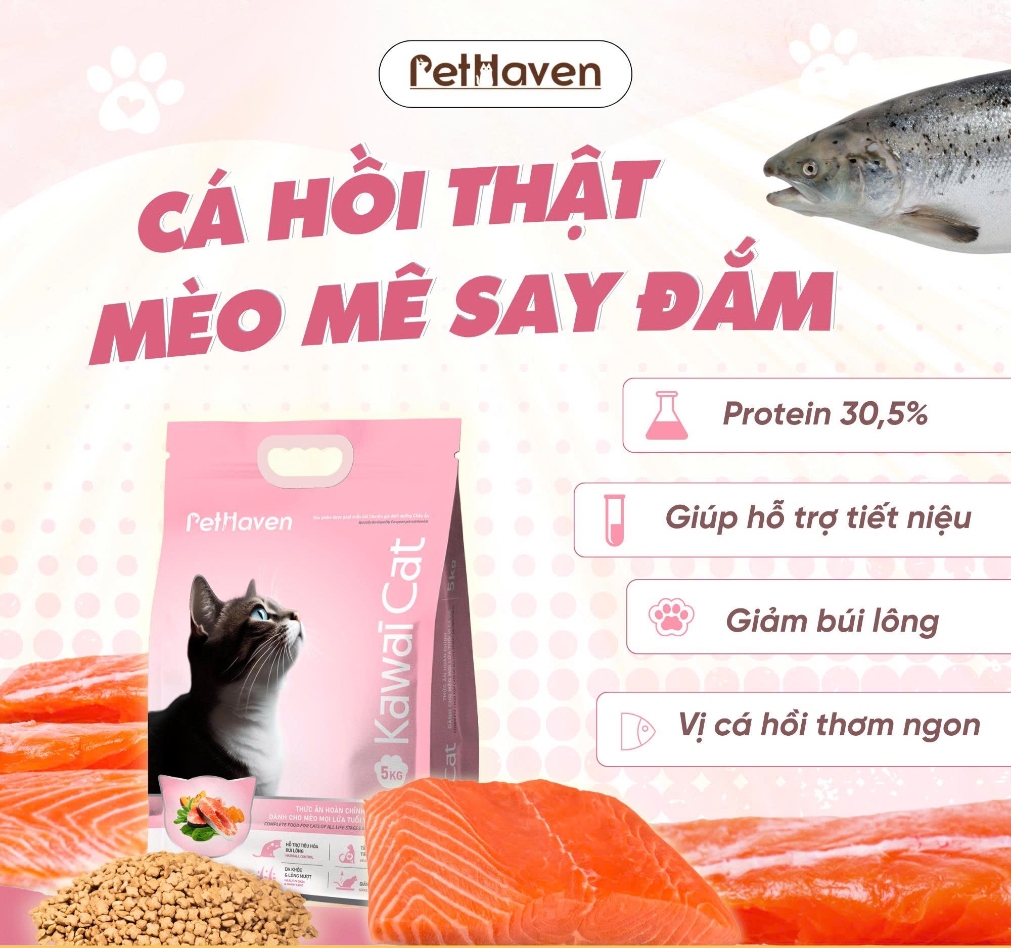Thức ăn hạt cho mèo mọi lứa tuổi Kawai Cat vị Cá Hồi 1,5kg