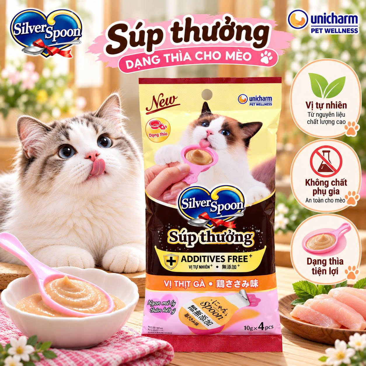 Súp thưởng dạng thìa Vị tự nhiên không Chất điều vị và màu thực phẩm cho mèo Silver Spoon 40g - Additives Free+
