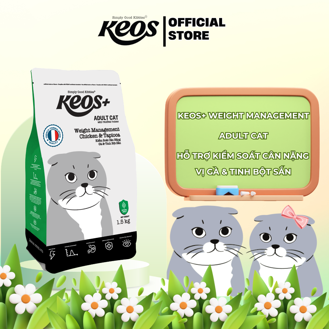 Thức ăn hạt cho mèo trưởng thành Keos+ Adult Cat Weight management vị Gà & Tapioca, hỗ trợ kiểm soát cân nặng 1,5kg