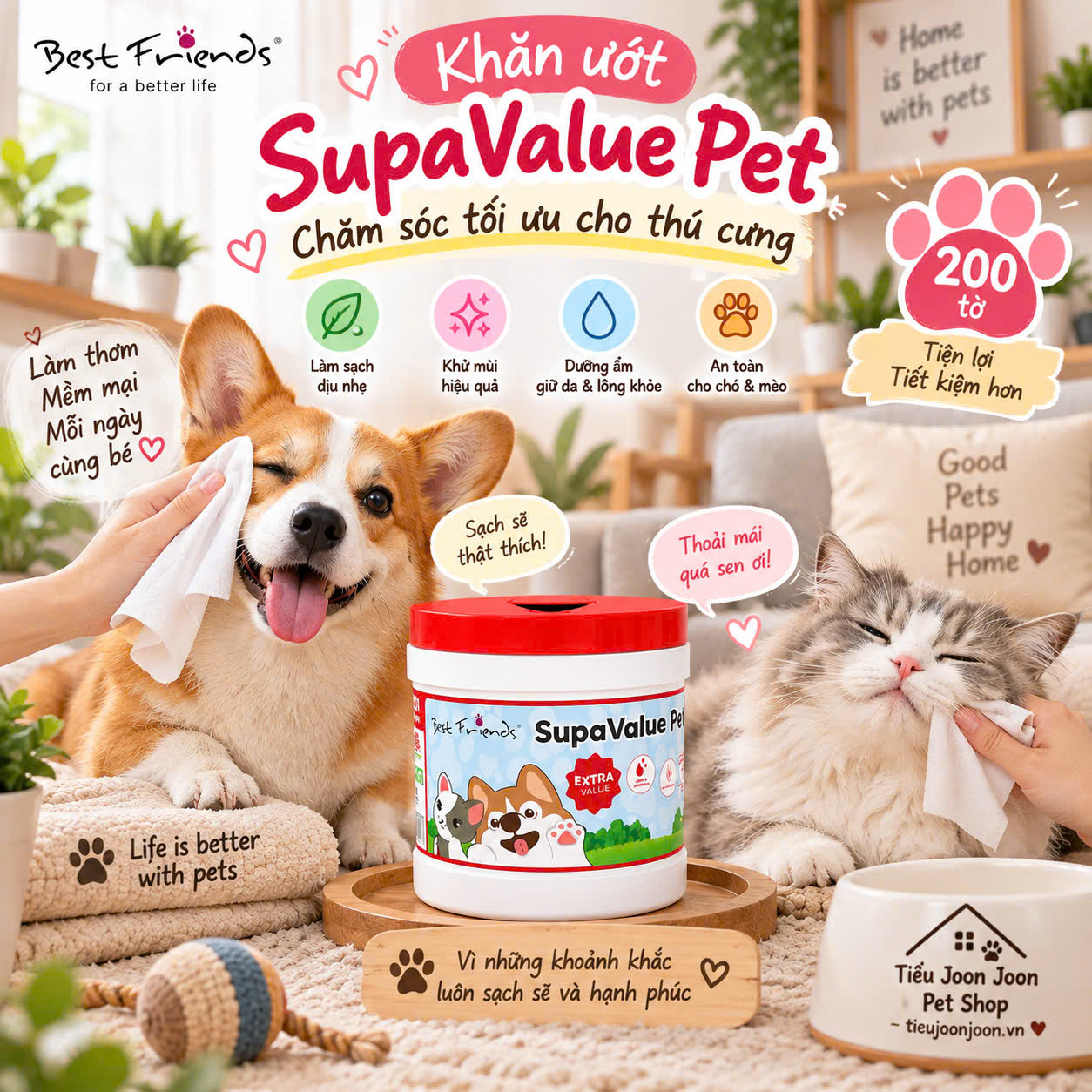 Khăn ướt Best Friends chăm sóc tối ưu cho thú cưng (200 tờ) - canister
