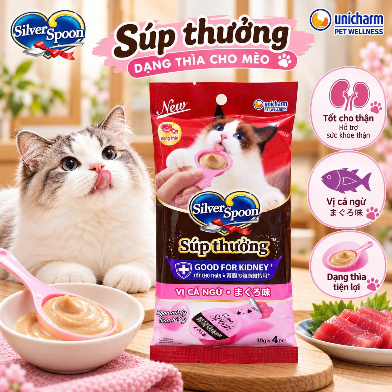 Súp thưởng dạng thìa cho mèo Silver Spoon Vị thịt gà thêm cá 40g - Good for Kidney+