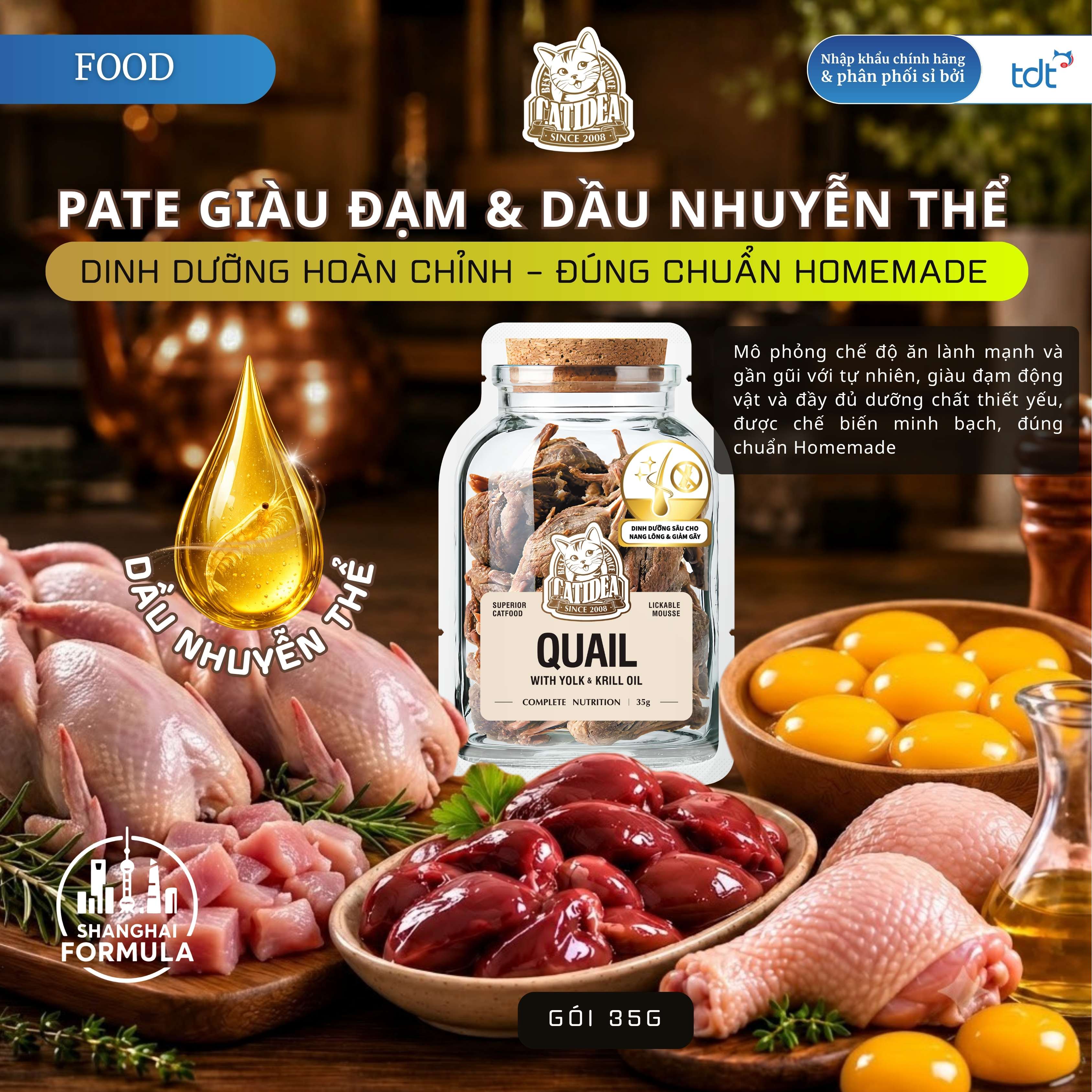 PATE GÓI CATIDEA 35G_THỊT CÚT + LÒNG ĐỎ TRỨNG + DẦU NHUYỄN THỂ