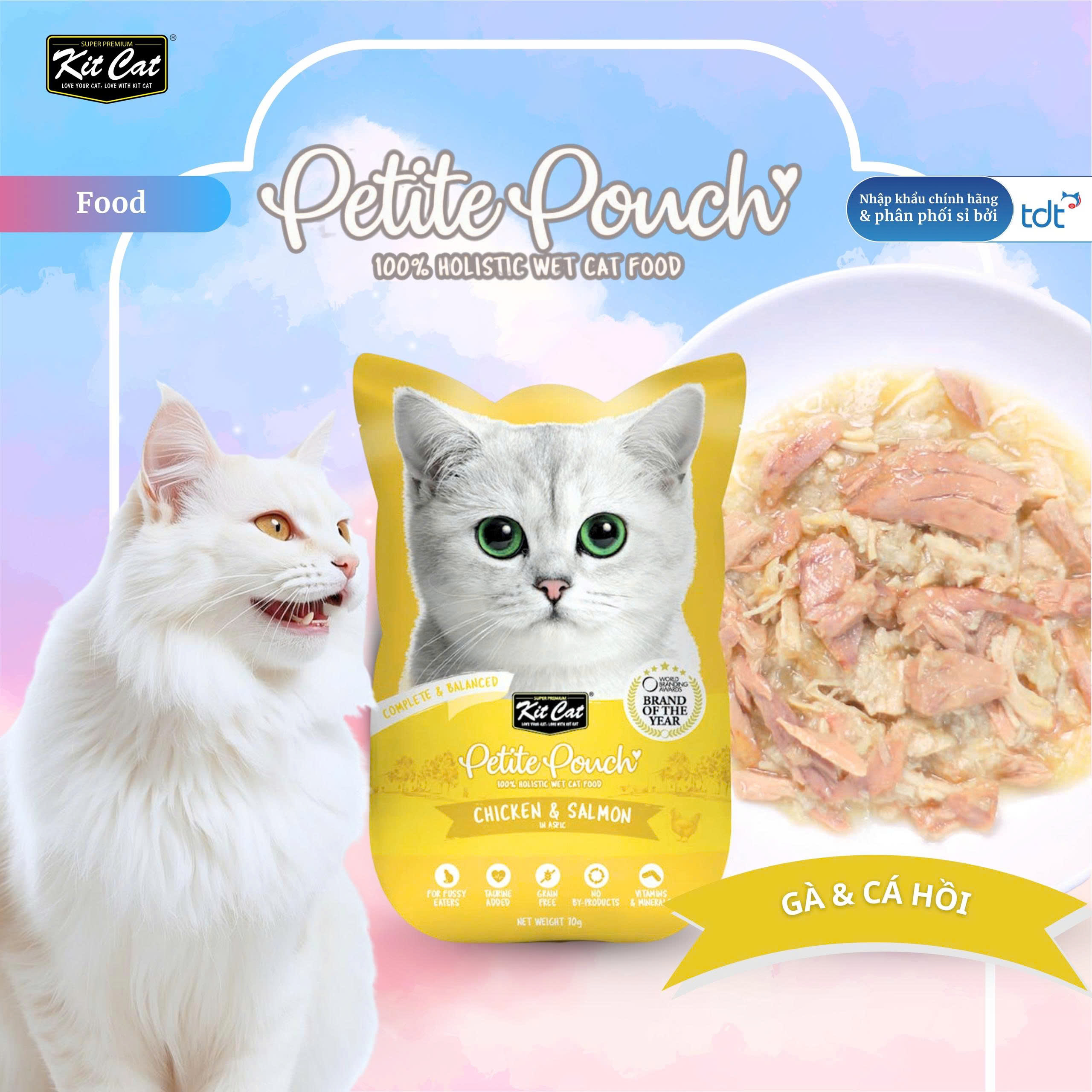 Pate Kit Cat Petite Pouch vị gà và cá hồi 70g - Vàng