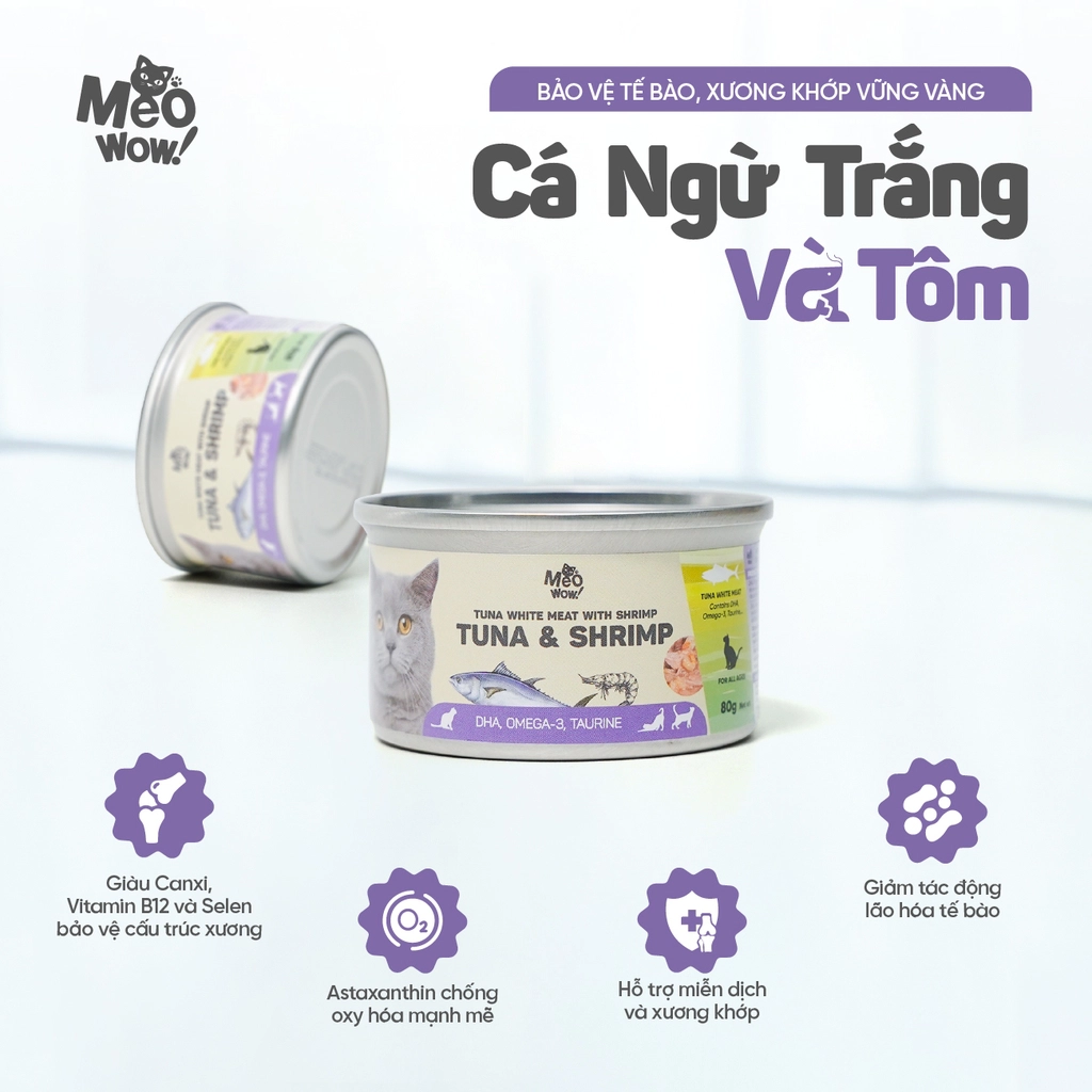 Cá ngừ trắng & Tôm đóng hộp cho Mèo Meo wow!