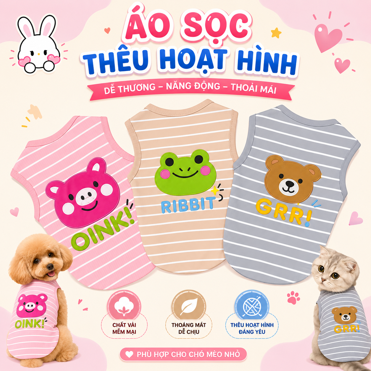 Áo sọc thêu hoạt hình