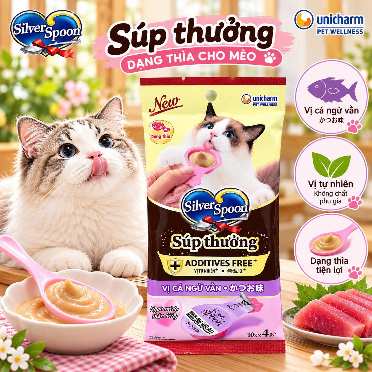 Súp thưởng dạng thìa Vị tự nhiên không Chất điều vị và màu thực phẩm cho mèo Silver Spoon 40g - Additives Free+