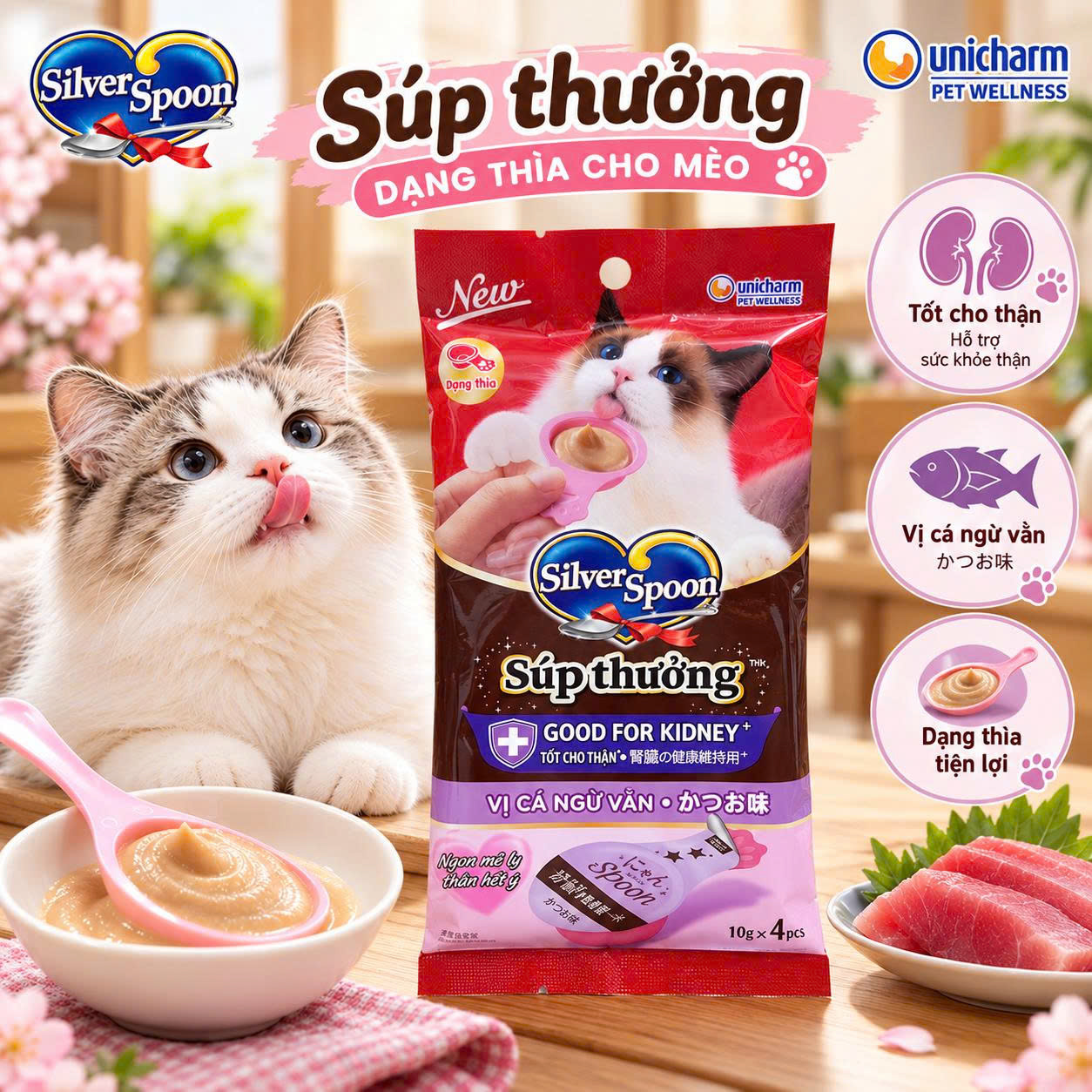 Súp thưởng dạng thìa cho mèo Silver Spoon Vị thịt gà thêm cá 40g - Good for Kidney+