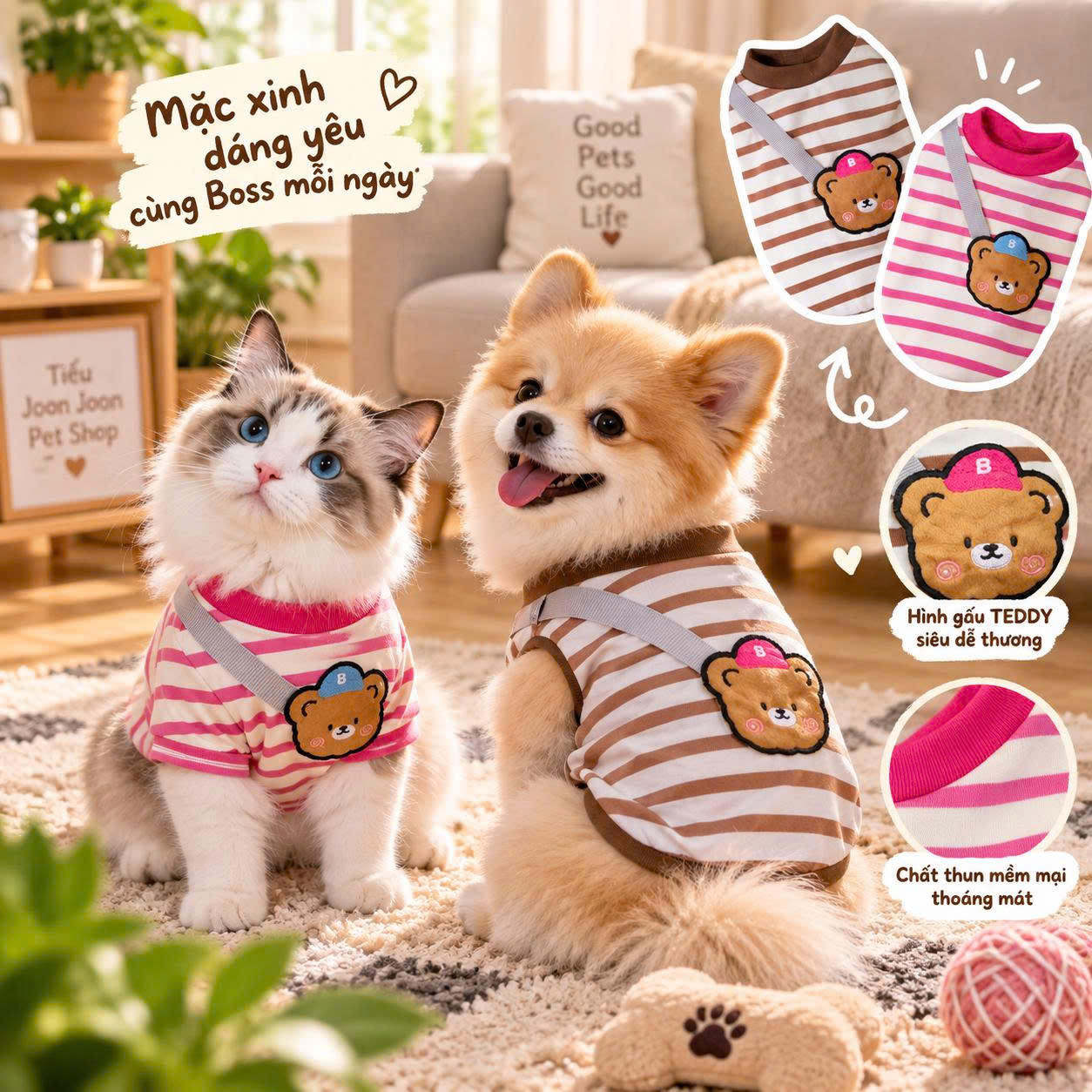 Áo thun sọc phối dây đeo gấu Teddy